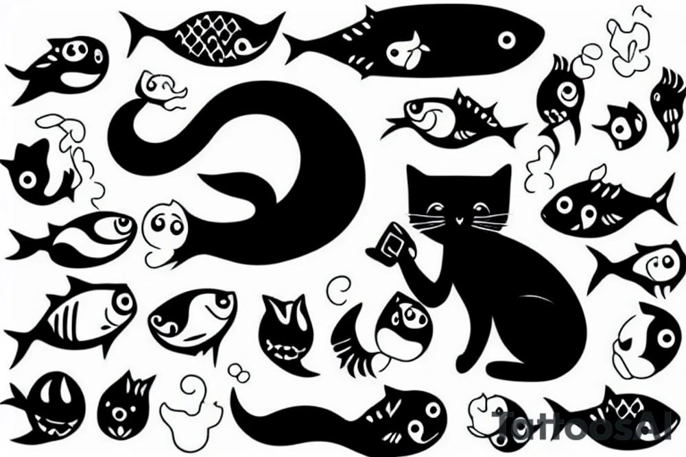 black cat with a fish in their mouth tattoo idea