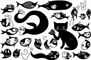 black cat with a fish in their mouth tattoo idea