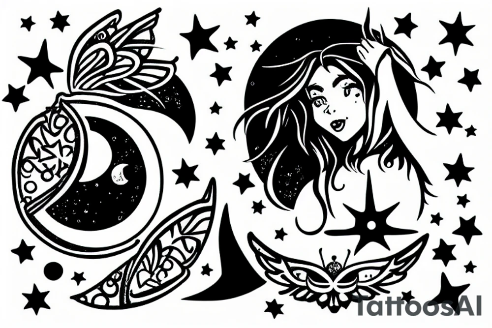 A fairy with moon and stars. tattoo idea