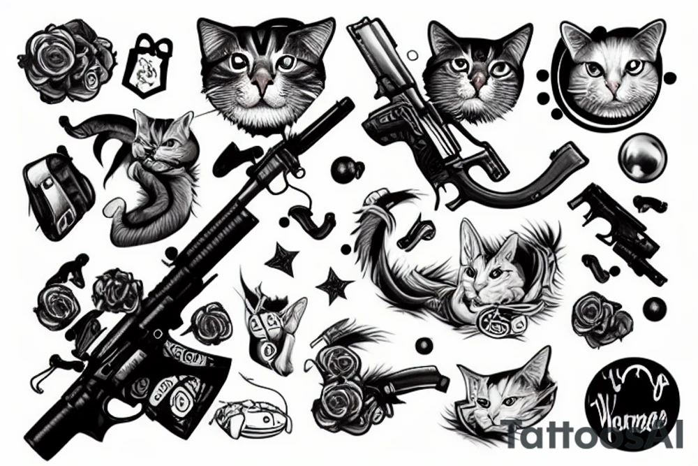 Warrior cat with gun and bubble gum tattoo idea