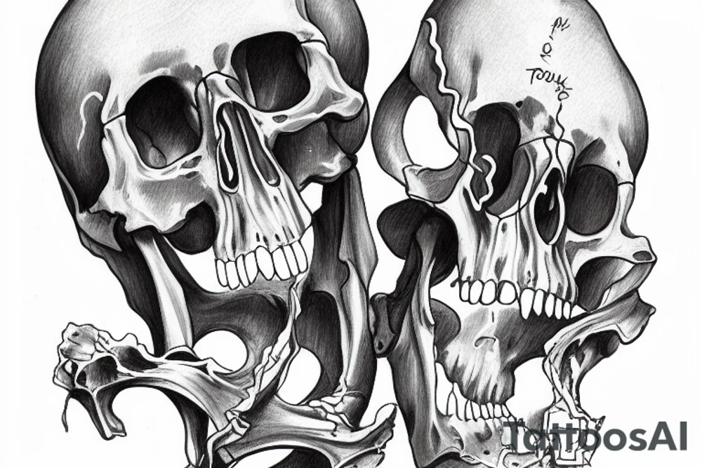 the torso of a sekeleton seen from the side holding up a map of the world tattoo idea