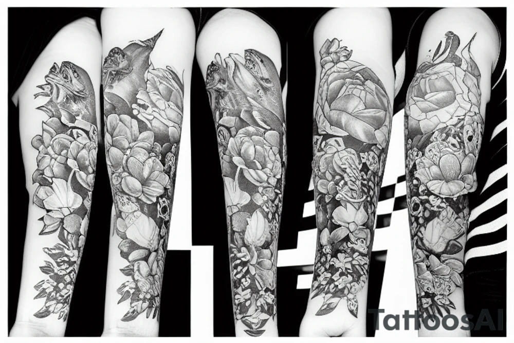 Half sided flowers and fishes tattoo idea