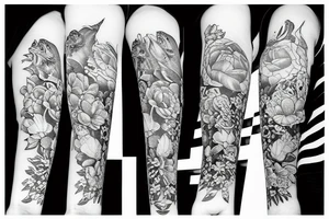 Half sided flowers and fishes tattoo idea