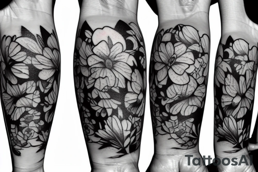 Half sided flowers and fishes tattoo idea