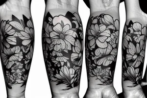 Half sided flowers and fishes tattoo idea