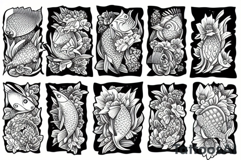 flowers and fishes tattoo idea
