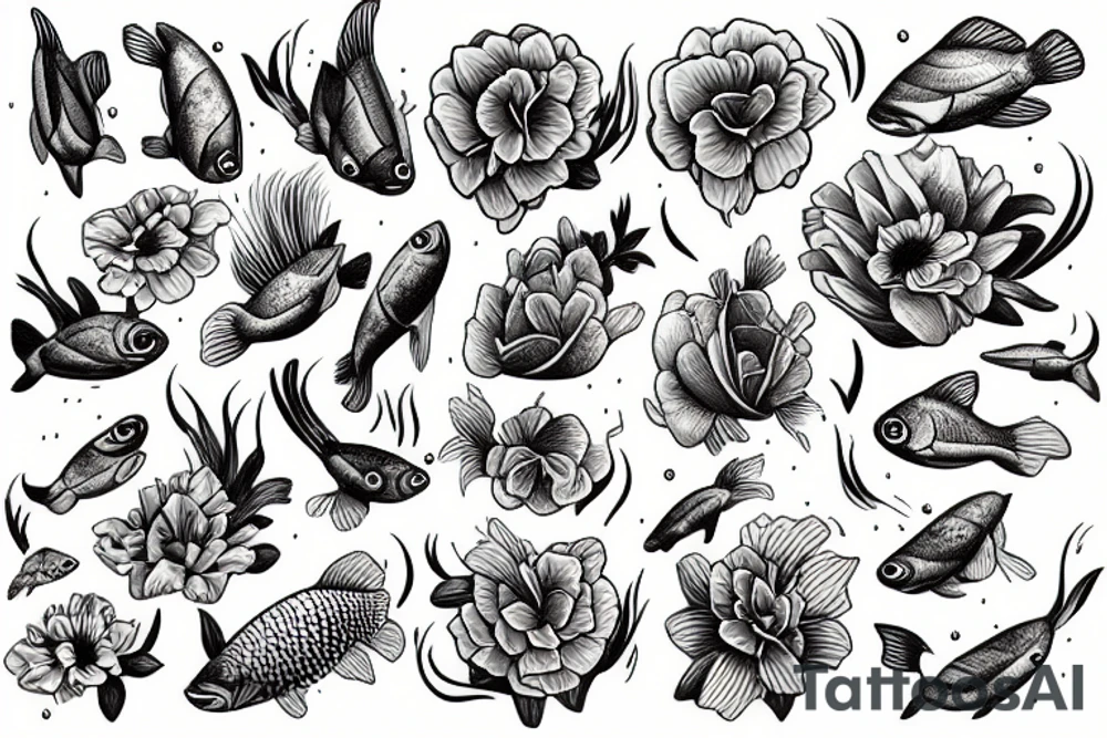 flowers and fishes tattoo idea