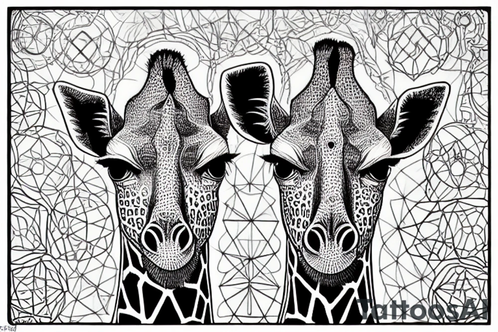 a cyberpunk style illustration of giraffe with flowers growing out of the top with dark background,   black and white, of sacred geometry, symmetrical, frontview. very detailed ink drawing, fine lineart, extremely detailed tattoo idea