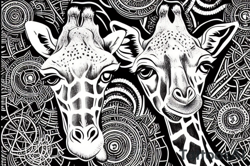 a cyberpunk style illustration of giraffe with flowers growing out of the top with dark background,   black and white, of sacred geometry, symmetrical, frontview. very detailed ink drawing, fine lineart, extremely detailed tattoo idea