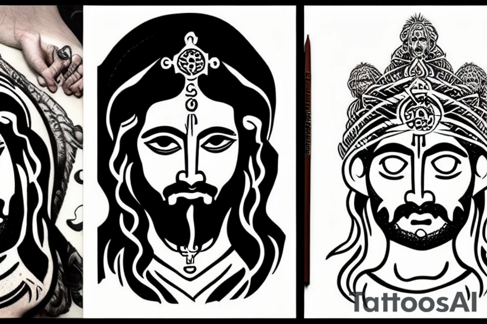 Shiva and Jesus embodied into two half faces tattoo idea