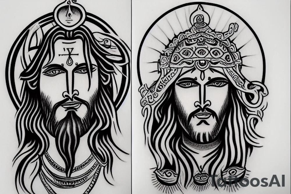 Shiva and Jesus embodied into two half faces tattoo idea
