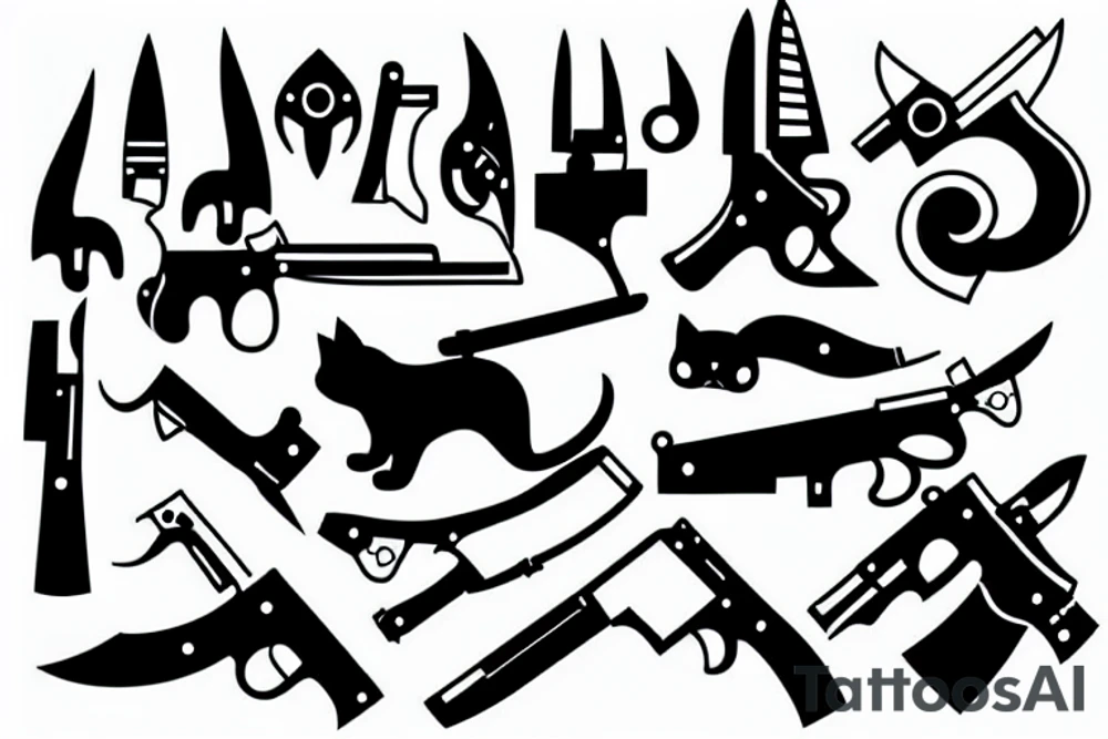 Cat hold knifes and gun tattoo idea