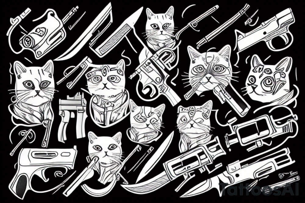 Cat hold knife and gun tattoo idea