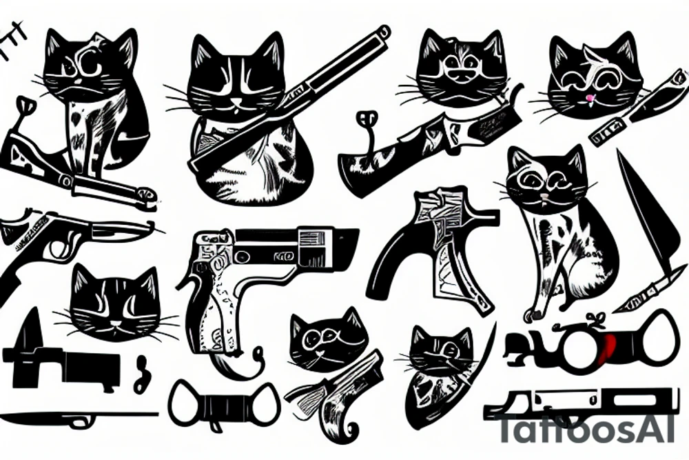 Cat hold knife and gun tattoo idea