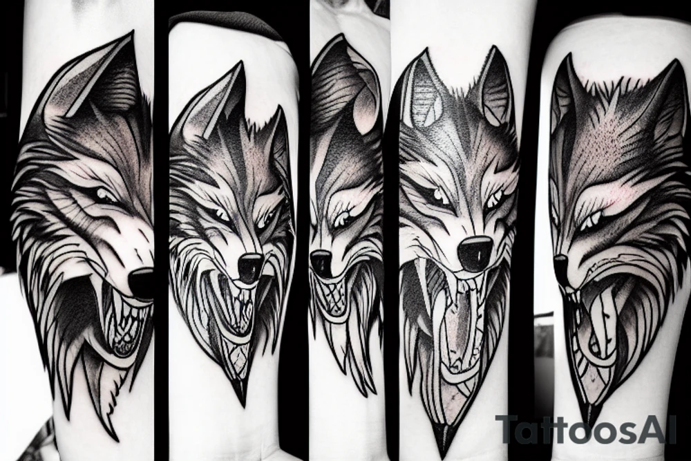 Angry wolf eating prey tattoo idea