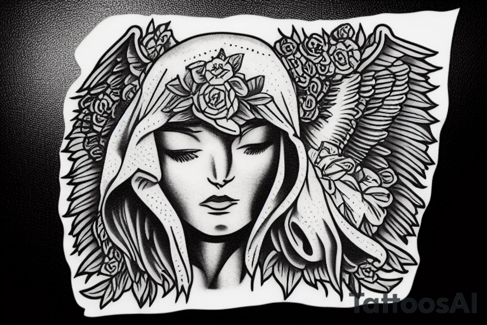 ANGEL IN BALACLAVA with a small-sized AK104 assault rifle tattoo idea