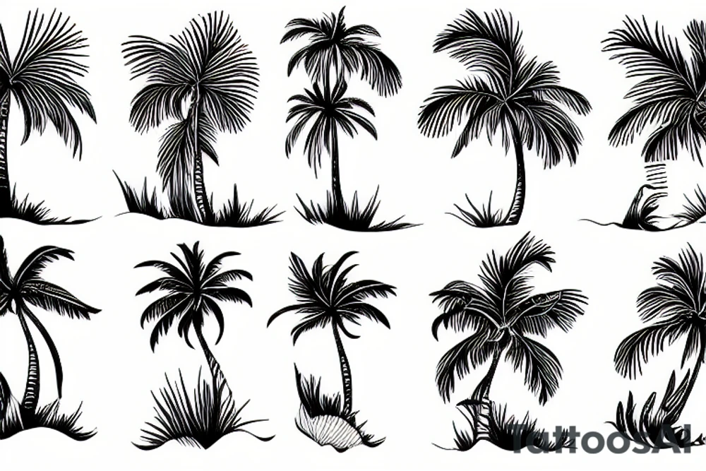 Palm tree jumping ocean flowers tattoo idea
