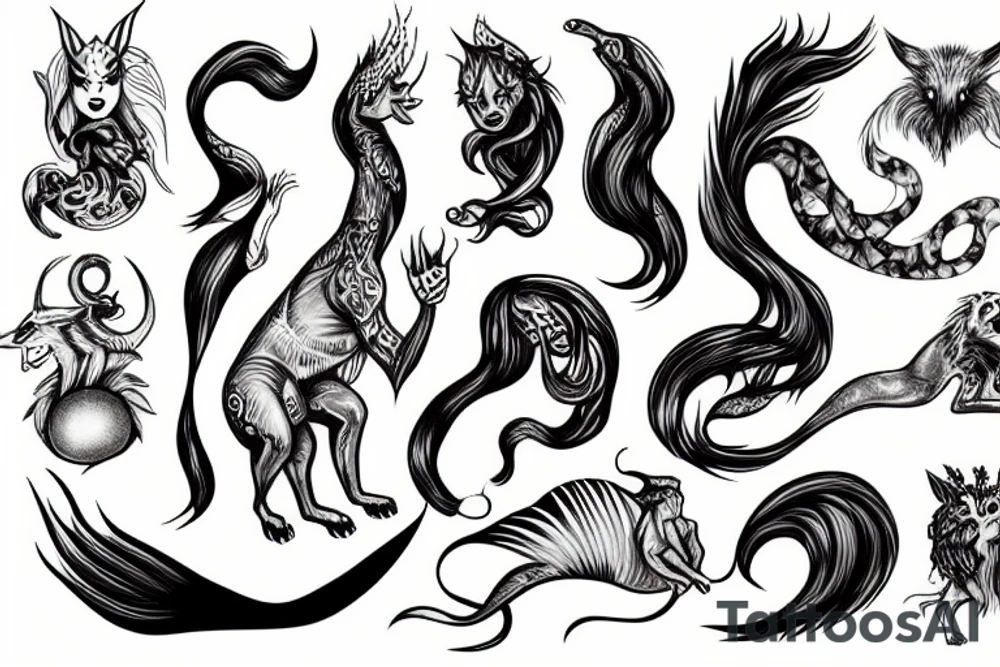 mythical creature with a tail and a split tongue tattoo idea
