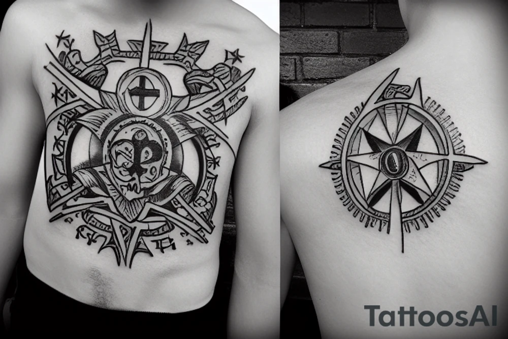 Black Christian alpha omega star memento mori tattoo idea
