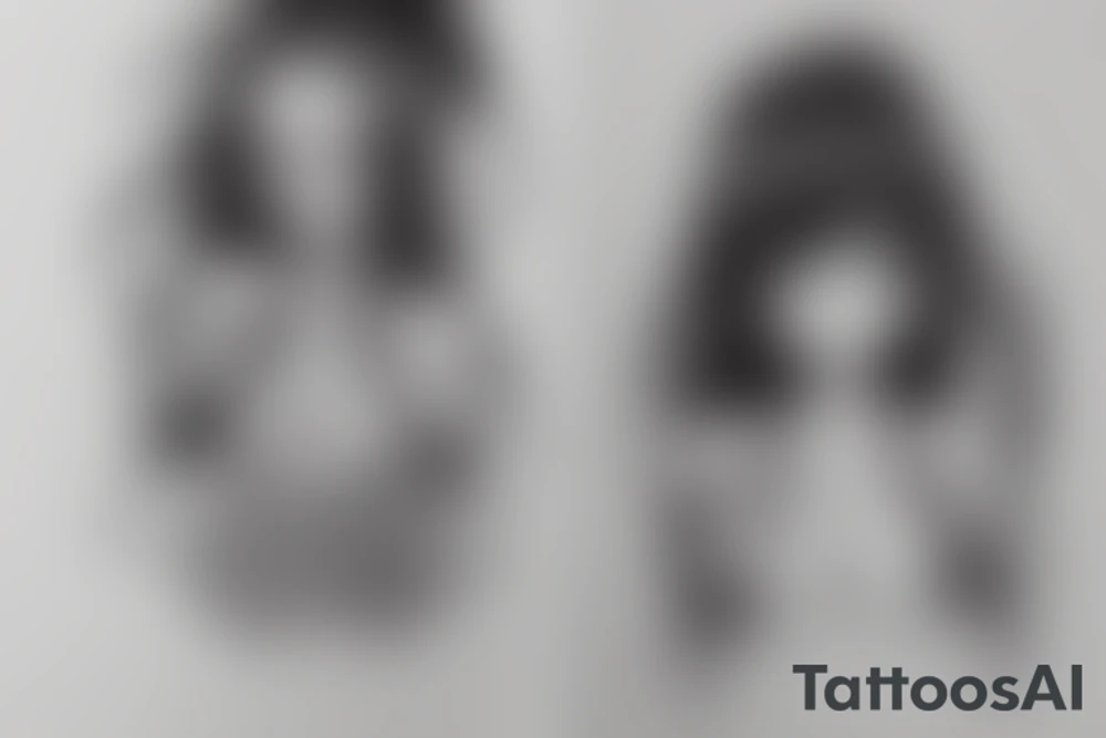 anime girl with two strings of hair in front of her face, she has no pupils but a very kind and young face. you see a little bit of het torso, she also has two buns on her head and these buns are placed symmetrical on her head. tattoo idea