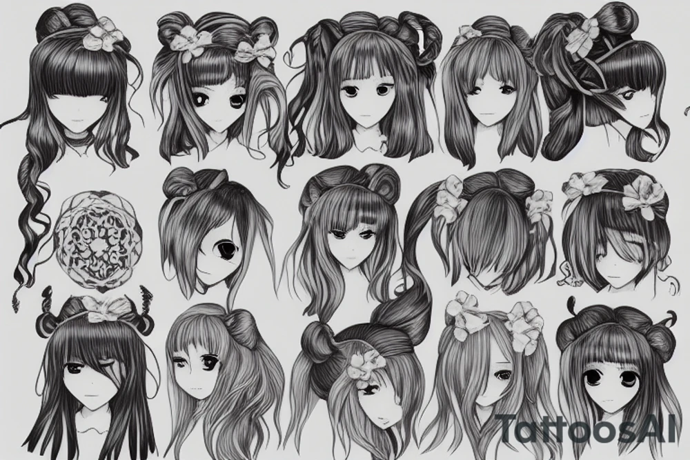anime girl with two strings of hair in front of her face, she has no pupils but a very kind and young face. you see a little bit of het torso, she also has two buns on her head and these buns are placed symmetrical on her head. tattoo idea