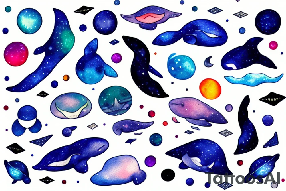 pentagonal space image file. across it is a beam of light, in the center of the crescent. against the backdrop of space, a small whale. tattoo idea