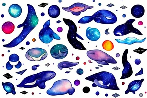 pentagonal space image file. across it is a beam of light, in the center of the crescent. against the backdrop of space, a small whale. tattoo idea
