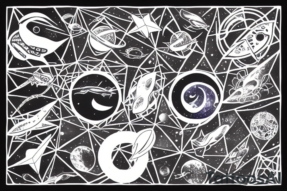 pentagonal space image file. across it is a beam of light, in the center of the crescent. against the backdrop of space, a small whale. tattoo idea