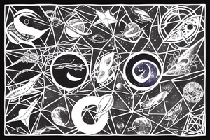 pentagonal space image file. across it is a beam of light, in the center of the crescent. against the backdrop of space, a small whale. tattoo idea