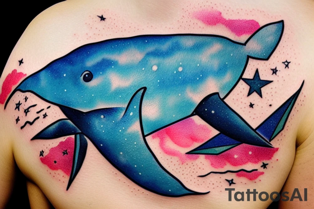 whale flies in space. pentagonal composition with a crescent in the center. tattoo idea
