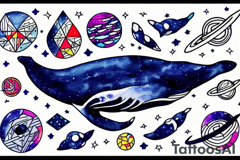 whale flies in space. pentagonal composition with a crescent in the center. tattoo idea
