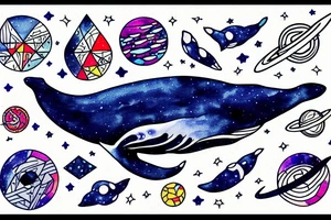 whale flies in space. pentagonal composition with a crescent in the center. tattoo idea