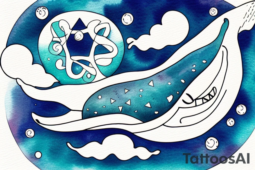 whale floating in cosmos. pentagonal shape with a crescent in the center. tattoo idea