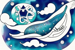 whale floating in cosmos. pentagonal shape with a crescent in the center. tattoo idea