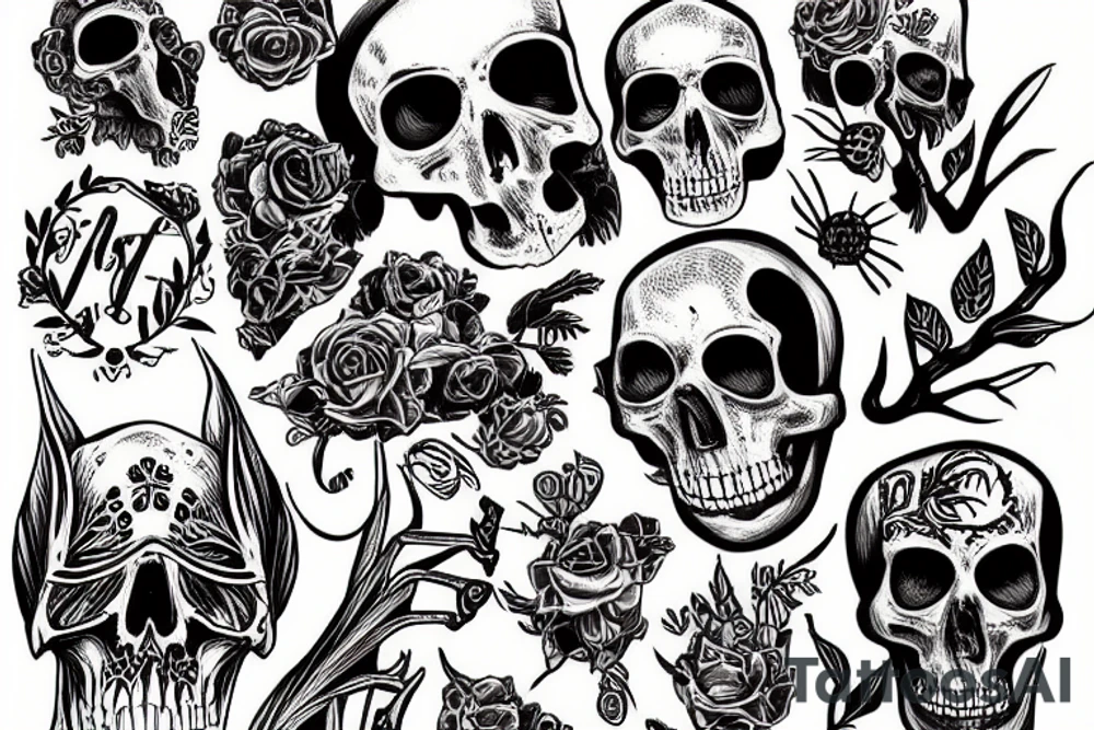 greem scull on web with sceleton hands tattoo idea