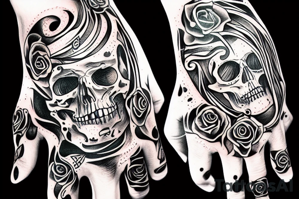 greem scull on web with sceleton hands tattoo idea