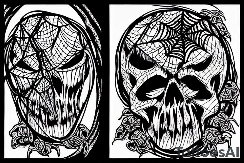 scull on spiderweb with sceleton hands grab puppet rope tattoo idea