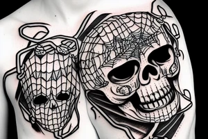 scull on spiderweb with sceleton hands grab puppet rope tattoo idea