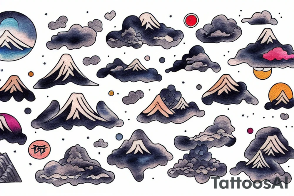 japanese landcape 
mountain
clouds
temple tattoo idea