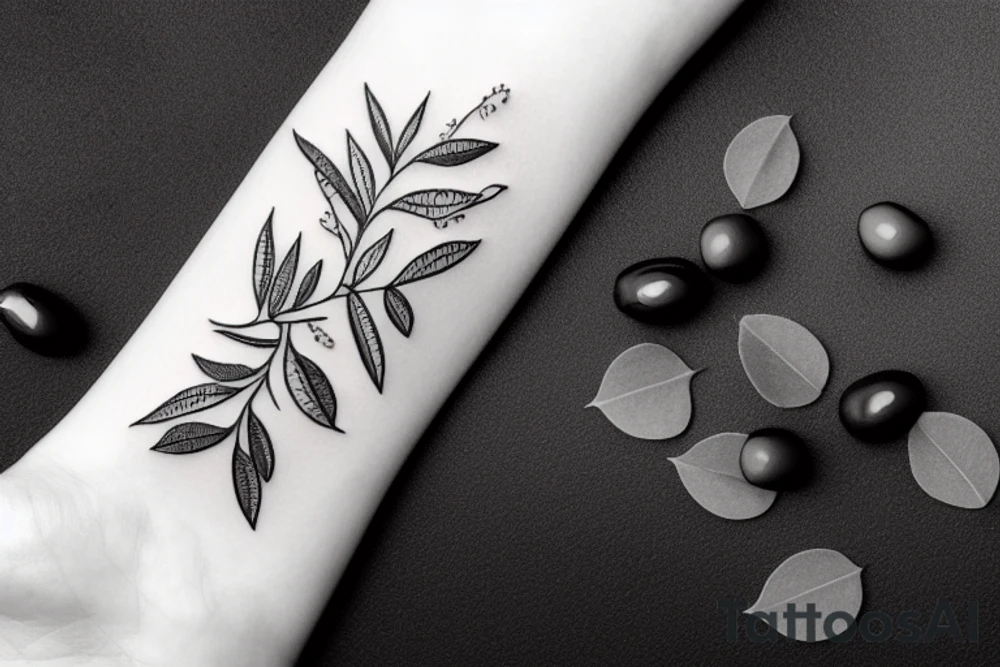 olive branch with leaves and black olives botanical, bracelet tattoo idea