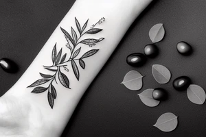 olive branch with leaves and black olives botanical, bracelet tattoo idea