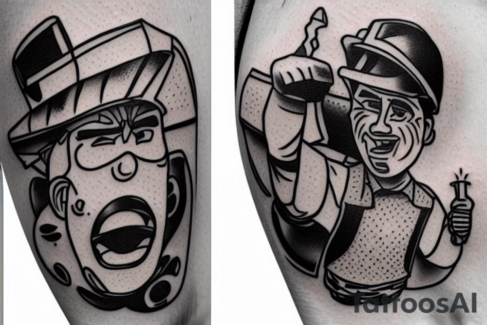 a construction worker in their hard hat and work clothes, kicking a soccer ball. tattoo idea a construction worker in their hard hat and work clothes, kicking a soccer ball. tattoo idea