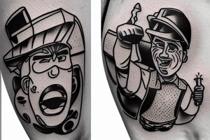 a construction worker in their hard hat and work clothes, kicking a soccer ball. tattoo idea