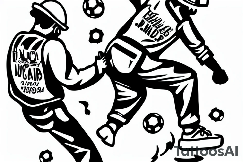 a construction worker in their hard hat and work clothes, kicking a soccer ball. tattoo idea