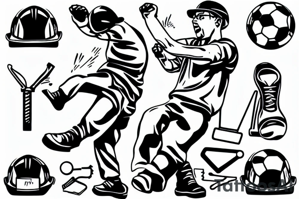 a construction worker in their hard hat and work clothes, kicking a soccer ball. tattoo idea
