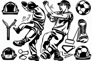 a construction worker in their hard hat and work clothes, kicking a soccer ball. tattoo idea