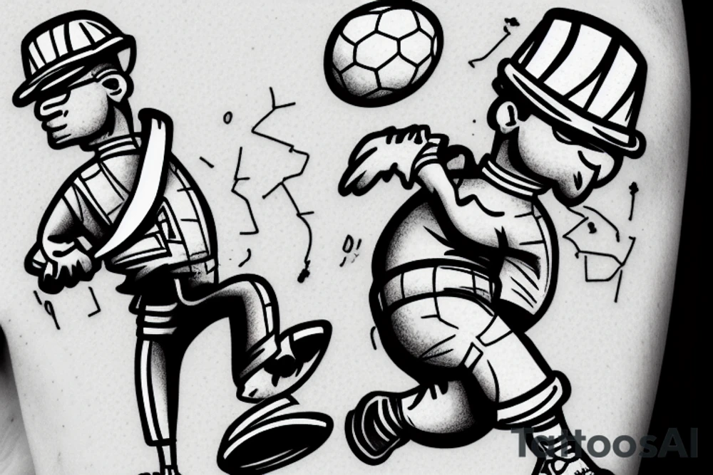 a construction worker in their hard hat and work clothes, kicking a soccer ball. tattoo idea