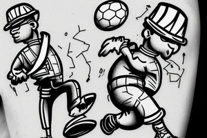 a construction worker in their hard hat and work clothes, kicking a soccer ball. tattoo idea