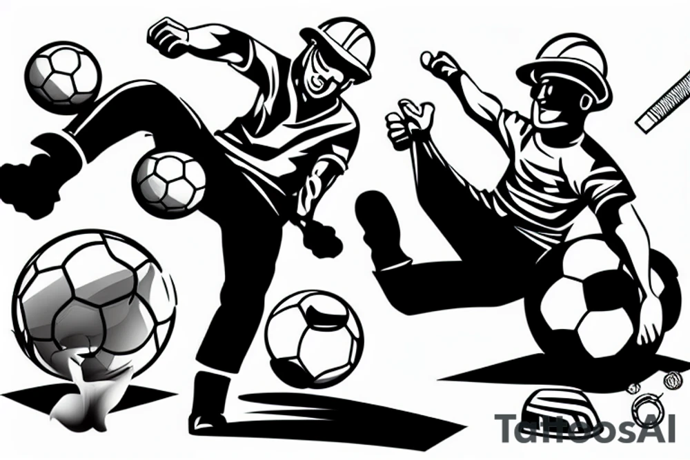 a construction worker in their hard hat and work clothes, kicking a soccer ball. tattoo idea