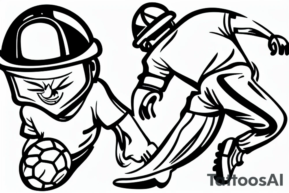 a construction worker in their hard hat and work clothes, kicking a soccer ball. tattoo idea
